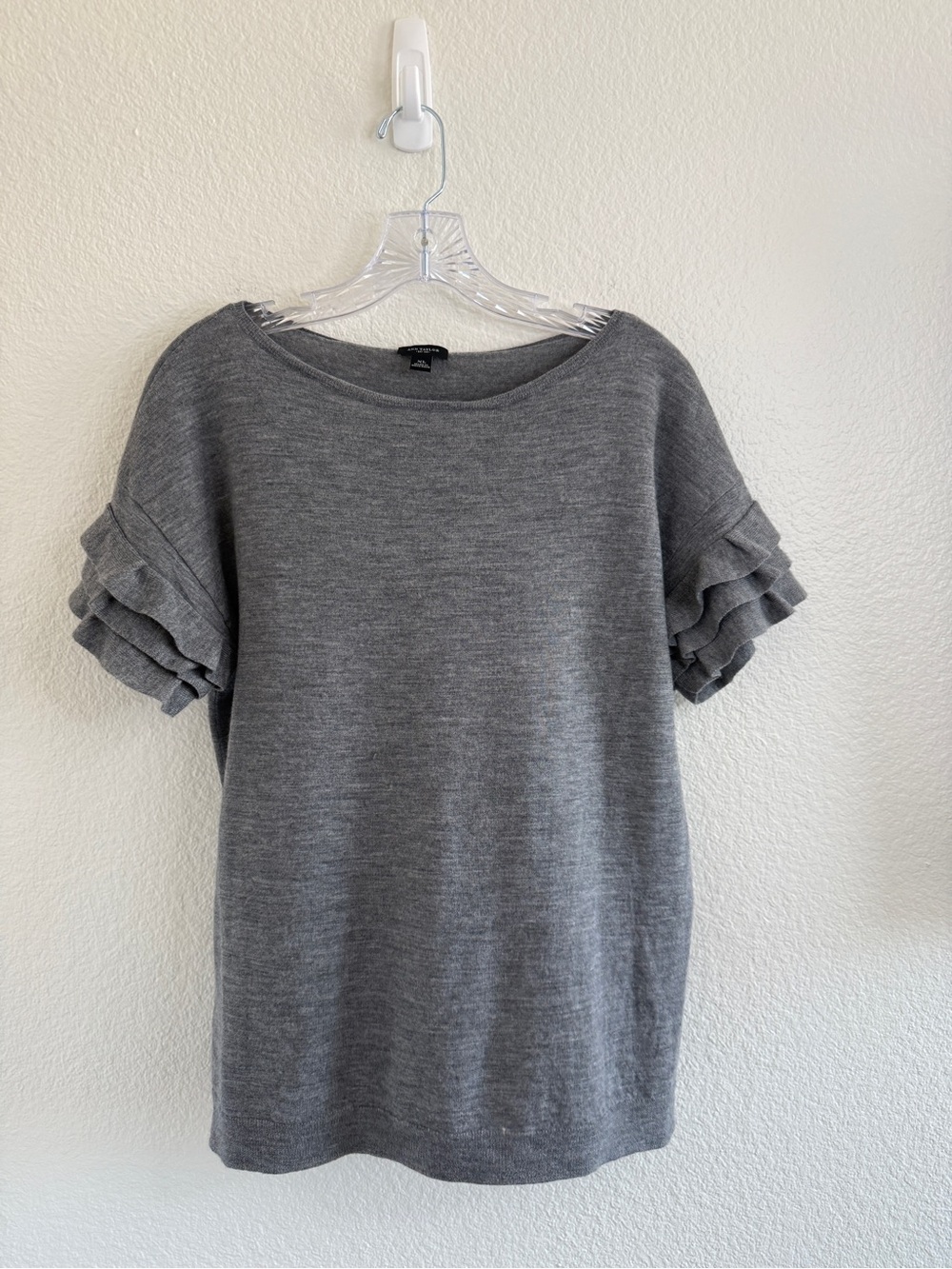 Ann Taylor Gray Wool Short Sleeve Top with Ruffle Sleeves